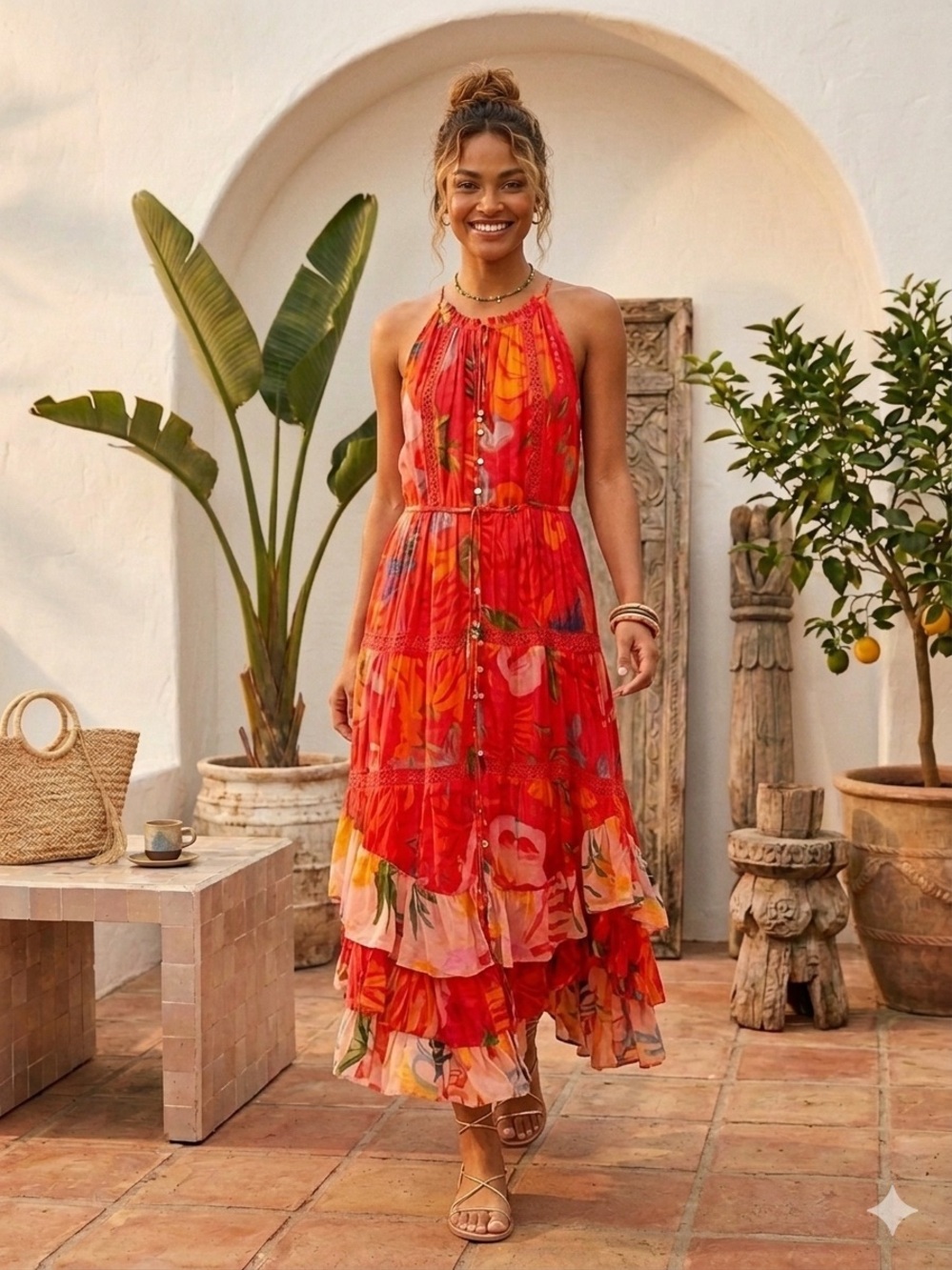 Like New ✨ FARM Rio Red Mixed Fruits Ocean Halter Maxi Dress - Size Medium